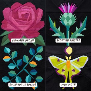 May include: Four square quilt blocks with geometric designs. The blocks feature a pink peony, a thistle, eucalyptus branches, and a luna moth. Each design is set against a black background, with the name of each design in a white rectangle.