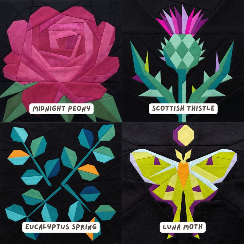 May include: Four square quilt blocks with geometric designs. The blocks feature a pink peony, a thistle, eucalyptus branches, and a luna moth. Each design is set against a black background, with the name of each design in a white rectangle.