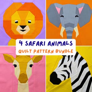 Safari Animals FPP Quilt Patterns Bundle Modern Nursery Foundation Paper Piecing Block Sewing Pattern Baby Lion Zebra Elephant Giraffe PDF