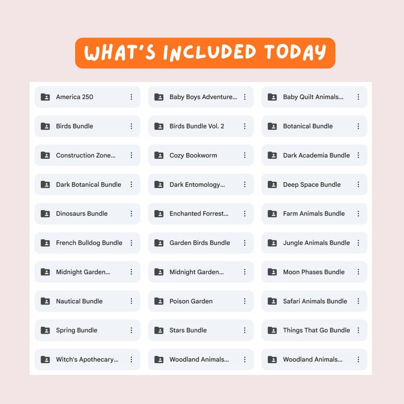Puede incluir: Imagen con una pancarta naranja con el texto &laquo;WHAT'S INCLUDED TODAY&raquo;. Debajo, varios iconos con etiquetas de texto, incluyendo &laquo;America 250&raquo;, &laquo;Birds Bundle&raquo;, &laquo;Construction Zone&raquo; y &laquo;Dark Botanical Bundle&raquo;. El fondo es de color rosa claro.