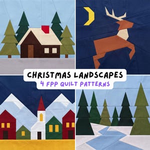 Może przedstawiać: Kolekcja czterech wzorów pikowania z papieru podkładowego zatytułowana CHRISTMAS LANDSCAPES 4 FPP QUILT PATTERNS. Wzory przedstawiają chatę w lesie, jelenia pod półksiężycem, wioskę z kościołem oraz zaśnieżony krajobraz leśny.