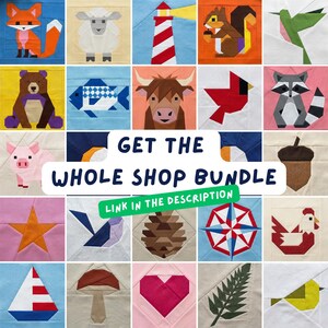 May include: A collection of colorful, geometric fabric squares featuring various animal and nature-themed designs. The image includes a fox, sheep, lighthouse, squirrel, bear, fish, cow, cardinal, raccoon, pig, penguin, acorn, star, bird, pinecone, compass, chicken, sailboat, mushroom, heart, fern, and a bird. Text reads: "GET THE WHOLE SHOP BUNDLE LINK IN THE DESCRIPTION."