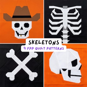 Halloween Skeleton Quilt Pattern Bundle FPP Foundation Paper Piecing Block Spooky Gothic Sewing Pattern Cowboy Skull Ribcage Crossbones