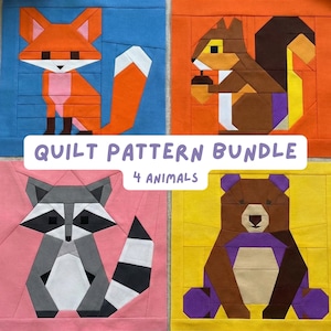 Pacchetto di modelli per trapunta con animali del bosco, modello moderno per blocco di carta FPP Foundation, modello per cucito per principianti, volpe, orso, scoiattolo, procione, natura