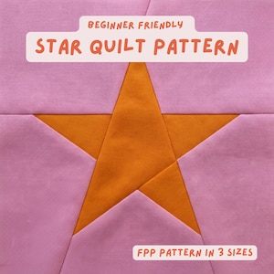 Puede incluir: Primer plano de un patrón de edredón de estrella. La estrella es naranja, sobre un fondo rosa. El texto en la imagen dice "BEGINNER FRIENDLY STAR QUILT PATTERN" y "FPP PATTERN IN 3 SIZES".