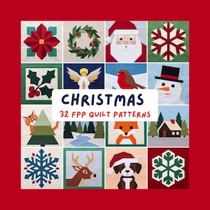 Könnte beinhalten: Ein Raster aus 32 FPP-Quiltmustern mit Weihnachtsmotiven, darunter ein Weihnachtsstern, ein Kranz, der Weihnachtsmann, Schneeflocken, Stechpalmen, ein Engel, ein Rotkehlchen, ein Schneemann, eine Katze, ein Fuchs, eine Hütte, ein Hirsch und ein Hund.