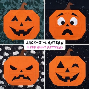 May include: Four fabric quilt blocks featuring orange jack-o'-lanterns with distinct facial expressions on dark patterned backgrounds. A central white label displays the text JACK-O'-LANTERN 4 FPP QUILT PATTERNS in black and pink lettering.