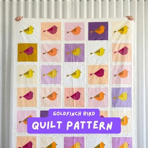 May include: A patchwork quilt with a repeating design of geometric birds in yellow, orange, and purple. The birds are set against pastel-colored squares on a white background. The text "GOLDFINCH BIRD QUILT PATTERN" is displayed in a purple banner.