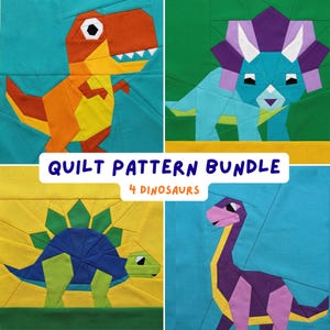 Puede incluir: Un paquete de patrones de edred&oacute;n con cuatro dise&ntilde;os de dinosaurios coloridos. Los dinosaurios est&aacute;n hechos de formas geom&eacute;tricas en tonos de naranja, azul, verde, morado y amarillo. Se muestra el texto "QUILT PATTERN BUNDLE" y "4 DINOSAURS".