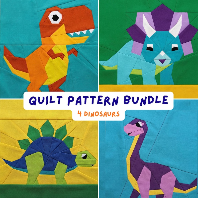 Puede incluir: Un paquete de patrones de edred&oacute;n con cuatro dise&ntilde;os de dinosaurios coloridos. Los dinosaurios est&aacute;n hechos de formas geom&eacute;tricas en tonos de naranja, azul, verde, morado y amarillo. Se muestra el texto "QUILT PATTERN BUNDLE" y "4 DINOSAURS".