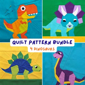 Dinosaurier Quilt Anleitung Bundle Baby Junge Kinderzimmer Dekor Moderne FPP Foundation Papier Piecing Block Nähprojekt T-Rex Triceratops Dino Pattern