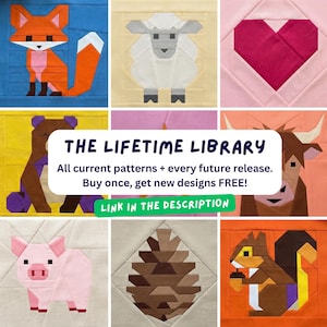 May include: A collection of colorful, geometric fabric art squares featuring various animals and shapes. The image includes a fox, sheep, heart, bear, cow, pig, pinecone, and squirrel. Text reads "THE LIFETIME LIBRARY" and "LINK IN THE DESCRIPTION".
