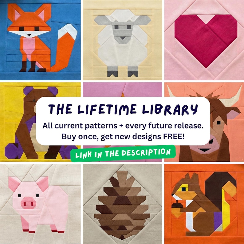 May include: A collection of colorful, geometric fabric art squares featuring various animals and shapes. The image includes a fox, sheep, heart, bear, cow, pig, pinecone, and squirrel. Text reads "THE LIFETIME LIBRARY" and "LINK IN THE DESCRIPTION".