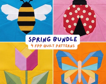 Paquete de patrones de colcha de primavera moderna FPP (Firma de papel moderna) Bloque Mariposa Abejorro Mariquita Tulipán Jardín Insecto Patrón de costura para principiantes