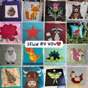 Puede incluir: Una colecci&oacute;n de piezas de arte textil hechas a mano, cada una con un dise&ntilde;o geom&eacute;trico &uacute;nico. Los dise&ntilde;os incluyen una pi&ntilde;a, un zorro, un cardo, un oso, una rosa, una estrella, un mapache, un dinosaurio, una oveja y m&aacute;s. El texto "SEWN BY YOU" tambi&eacute;n es visible.