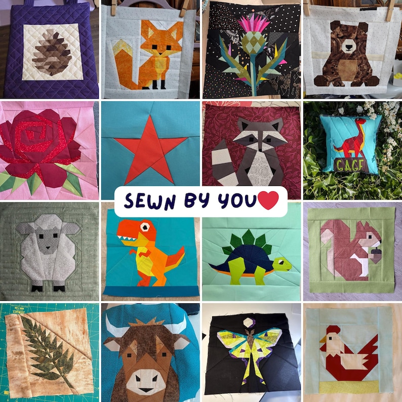 Puede incluir: Una colecci&oacute;n de piezas de arte textil hechas a mano, cada una con un dise&ntilde;o geom&eacute;trico &uacute;nico. Los dise&ntilde;os incluyen una pi&ntilde;a, un zorro, un cardo, un oso, una rosa, una estrella, un mapache, un dinosaurio, una oveja y m&aacute;s. El texto "SEWN BY YOU" tambi&eacute;n es visible.