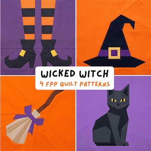 Halloween Witch Quilt Pattern Bundle Spooky FPP Foundation Paper Piecing Block Sewing Pattern Black Cat Broom Boots Hat Modern Patchwork