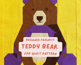 Patrón de colcha de oso de bosque moderno, bloque de patchwork de papel base, patrón de costura FPP en PDF, para principiantes, guardería de animales del bosque