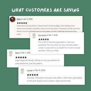 Może przedstawiać: Grafika z nagł&oacute;wkiem WHAT CUSTOMERS ARE SAYING przedstawiająca cztery białe, prostokątne pola z opiniami klient&oacute;w na zielonym tle. Każde pole zawiera ocenę pięciu gwiazdek, nazwę recenzenta, datę oraz tekst dotyczący wykroj&oacute;w krawieckich.