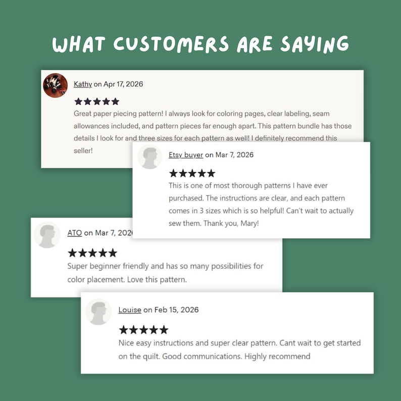 Może przedstawiać: Grafika z nagł&oacute;wkiem WHAT CUSTOMERS ARE SAYING przedstawiająca cztery białe, prostokątne pola z opiniami klient&oacute;w na zielonym tle. Każde pole zawiera ocenę pięciu gwiazdek, nazwę recenzenta, datę oraz tekst dotyczący wykroj&oacute;w krawieckich.
