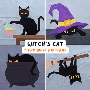 Halloween Witch Black Cat Quilt Pattern Bundle FPP Foundation Paper Piecing Block Spooky Feline Sewing Magic Hat Potion Cauldron Broom