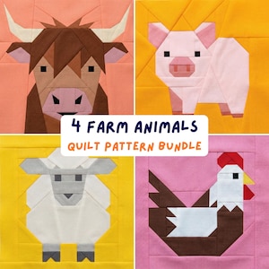 Peut inclure: Un ensemble de patrons de quilt avec quatre animaux de la ferme : une vache, un cochon, un mouton et une poule. Chaque animal est représenté dans un style patchwork géométrique sur un fond uni. Le texte "4 FARM ANIMALS QUILT PATTERN BUNDLE" est affiché.