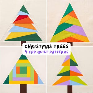 Modernes Weihnachtsbaum-Quiltmuster-Set (FPP Foundation Paper Piecing Block, PDF, scrapfreundliches Nähmuster für die Feiertage, Tannen-Kiefer-Blockhaus)