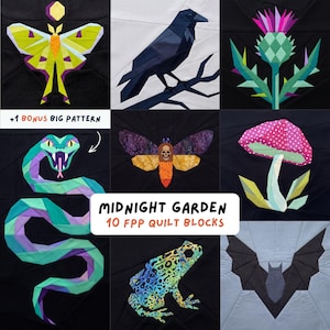 Könnte beinhalten: Eine Sammlung von zehn FPP-Quiltblöcken mit dem Thema Mitternachtsgarten. Die Blöcke zeigen geometrische Designs einer Motte, eines Raben, einer Distel, einer Schlange, einer Motte mit Totenkopf, eines Pilzes, eines Frosches und einer Fledermaus. Der Text "MIDNIGHT GARDEN 10 FPP QUILT BLOCKS" ist ebenfalls sichtbar.