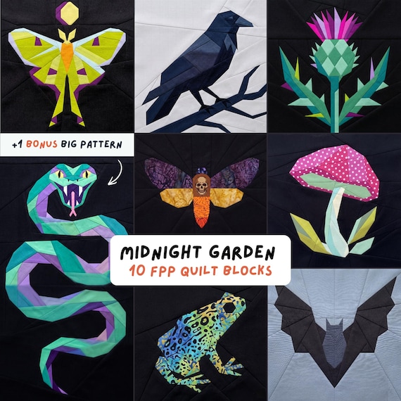 Goth Quilt Pattern Bundle Modern FPP Foundation Paper Piecing Block Gothic Sewing Pattern Dark Botanical Nature Bat Raven Moth Halloween