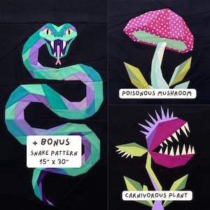 May include: A black background features three geometric designs: a snake, a mushroom, and a carnivorous plant. The snake is teal, purple, and green. The mushroom has a pink polka-dot cap. The carnivorous plant is purple and green. Text reads "+ BONUS SNAKE PATTERN 15" x 30".
