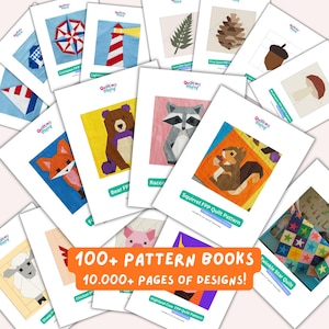 Puede incluir: Una colecci&oacute;n de libros de patrones de acolchado con varios dise&ntilde;os, incluyendo una br&uacute;jula, un faro, un oso, un mapache y una ardilla. La imagen incluye el texto "100+ PATTERN BOOKS 10.000+ PAGES OF DESIGNS!"