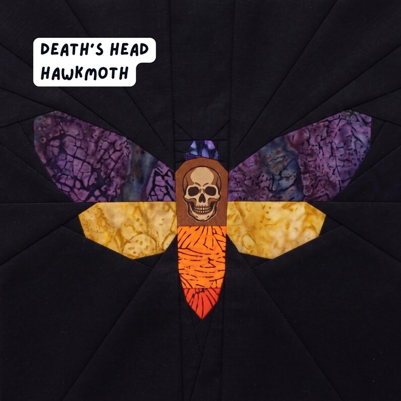 May include: A Death's Head Hawkmoth design, featuring a skull and moth wings in shades of orange, yellow, purple, and brown, set against a black background. The text "Death's Head Hawkmoth" is displayed in a white box.