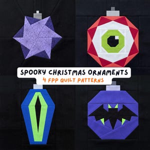 May include: Four quilt blocks featuring Spooky Christmas Ornaments 4 FPP Quilt Patterns text. Designs include a purple spiderweb star, a red and green eyeball, a blue and green coffin, and a purple ornament with a black bat silhouette.
