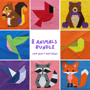 Può includere: Una collezione di otto modelli di trapunte di animali geometrici colorati. I disegni includono uno scoiattolo, un cardinale, un orso, un uccello, una volpe e un procione. È visibile anche il testo "8 Animals Bundle" e "FPP Quilt Patterns".