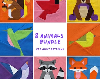 Paquete de patrones de colcha con animales y pájaros del bosque, patrón de costura moderno, base FPP, bloque de patchwork de papel, zorro, oso, colibrí, cardenal, PDF