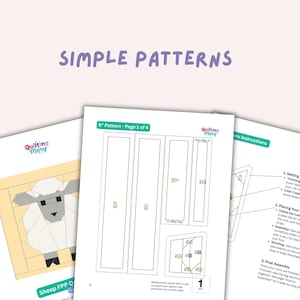 Puede incluir: Un conjunto de patrones de acolchado, incluyendo un dise&ntilde;o de oveja e instrucciones. Los patrones est&aacute;n etiquetados como "Simple Patterns" e incluyen medidas en pulgadas. La imagen presenta p&aacute;ginas de "Quilting Mary" con diagramas detallados e instrucciones de montaje.