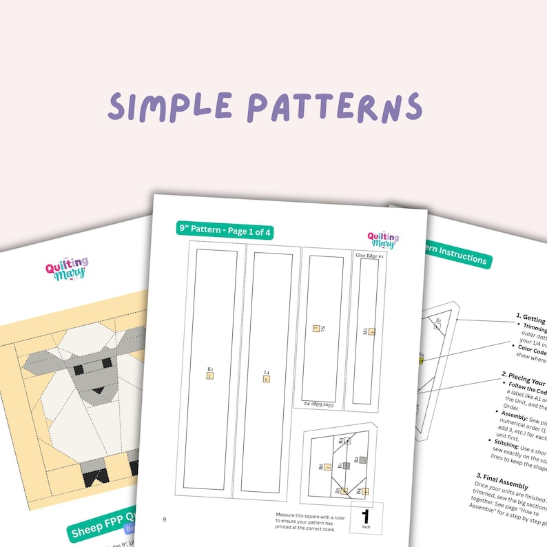 Puede incluir: Un conjunto de patrones de acolchado, incluyendo un dise&ntilde;o de oveja e instrucciones. Los patrones est&aacute;n etiquetados como "Simple Patterns" e incluyen medidas en pulgadas. La imagen presenta p&aacute;ginas de "Quilting Mary" con diagramas detallados e instrucciones de montaje.