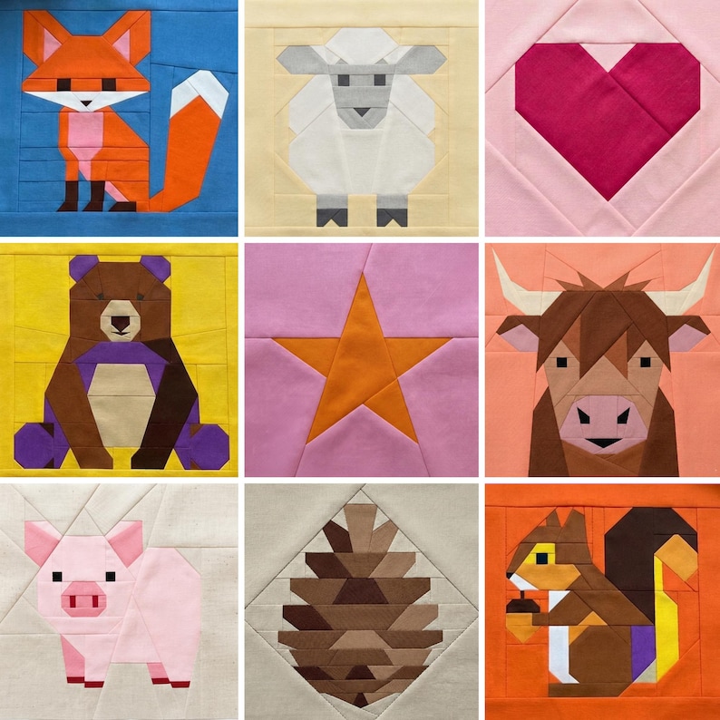 Puede incluir: Nueve cuadrados de tela coloridos con dise&ntilde;os geom&eacute;tricos de animales y formas. Incluye un zorro, una oveja, un coraz&oacute;n, un oso, una estrella, una vaca, un cerdo, una pi&ntilde;a y una ardilla. Perfecto para proyectos de patchwork.