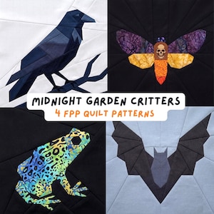 Paquete de patrones de acolchado FPP Critters de Midnight Garden, estilo Dark Academia gótico, para patchwork de papel, bloque de base, patrón de costura Witchy Raven Moth Bat.