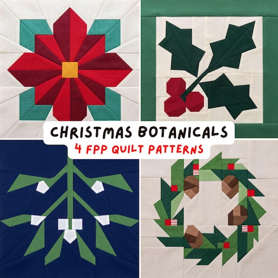 Christmas Botanical Quilt Pattern Bundle FPP Foundation Paper Piecing Block Sewing Winter Wreath Poinsettia Pinecone Holly Mistletoe PDF