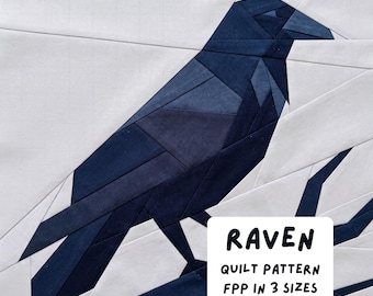 May include: A geometric quilt pattern featuring a raven in shades of blue and gray. The raven is perched on a branch against a white background. The text "RAVEN QUILT PATTERN FPP IN 3 SIZES" is displayed in a white box.
