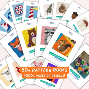 May include: A collection of quilting pattern books featuring various designs, including a compass, lighthouse, bear, raccoon, and squirrel. The image includes the text "50+ PATTERN BOOKS 1000+ PAGES OF DESIGNS!"