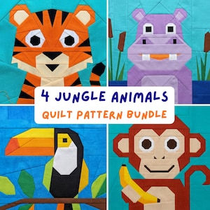 Paquete de patrones de colcha Jungle Baby, bloques de patchwork modernos con base de papel FPP, patrón de costura para guardería de niño/niña con temática de safari, tigre, tucán, hipopótamo y mono.