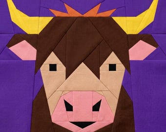 Patrón de colcha de vaca de las Tierras Altas, moderna base FPP, bloque de paper piecing, patrón de costura de animales de granja Cottagecore, colcha de bebé, decoración de pared para guardería
