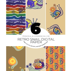 Può includere: Un set di carta digitale con sei diversi design a tema lumaca retrò. I design includono motivi colorati, lumache con conchiglie decorate e accenti floreali. Il testo recita "RETRO SNAIL DIGITAL PAPER".