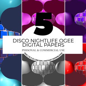 Könnte beinhalten: Digitales Kunstwerk mit fünf verschiedenen Disco-Kugel-Ornamenten in den Farben Blau, Lila, Rot, Rosa und Grau. Der Text "DISCO NIGHTLIFE OGEE DIGITAL PAPERS" und "PERSONAL & COMMERCIAL USE" ist enthalten.
