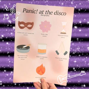 Puede incluir: Un póster con la discografía de Panic! at the Disco. El póster incluye ilustraciones que representan cada álbum, como una máscara, una flor, un reloj de arena, un cenicero, una bebida, manos rezando y una llama. El texto incluye títulos de álbumes y años de lanzamiento.
