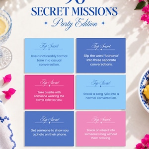以下が含まれることがあります： 96 Secret Missions Party Editionというタイトルのゲームセットで、青とピンクの色合いの6枚の長方形のカードが特徴です。各カードには「Top Secret」というテキストと、社交的な集まりでプレイヤーが実行するための具体的な指示が記載されています。
