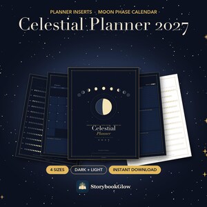 Op de afbeelding: Een set van 2027 Celestial Planner-invoegsels met maanfasekalenders. De donkerblauwe en witte pagina's tonen maancycli, rasterindelingen en de tekst Celestial Planner 2027. Inclusief 4 formaten, donkere en lichte opties en directe download.