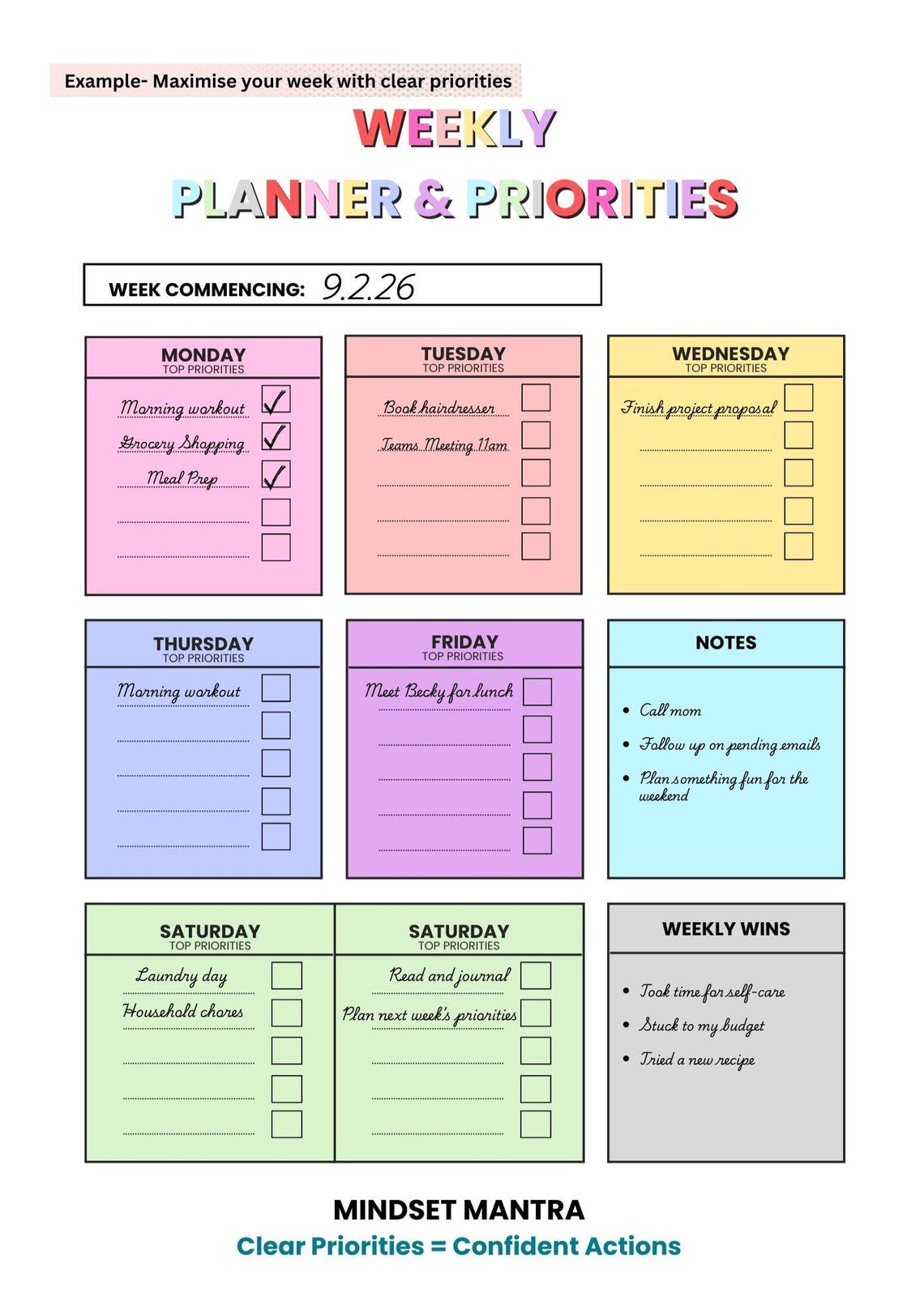 Colorful Weekly Planner Printable | Priorities & Top Tasks (PDF ...